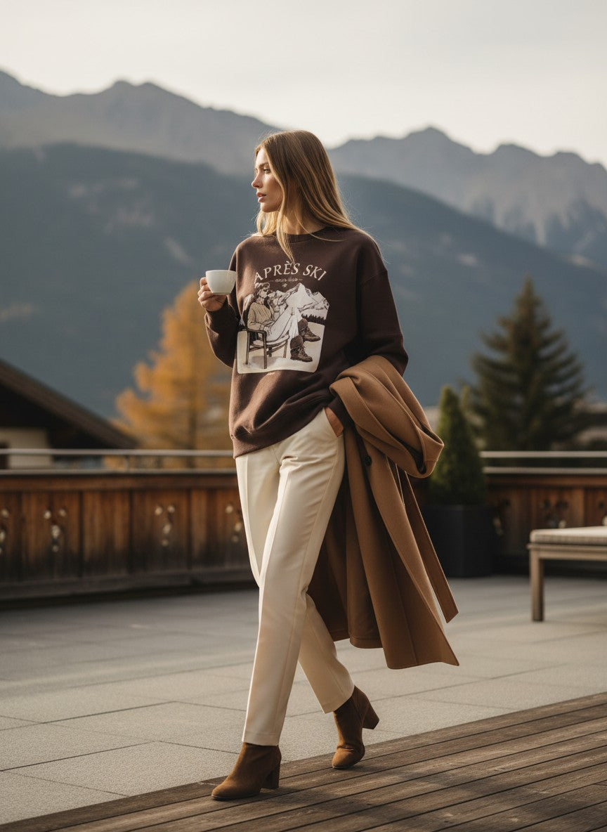 Sudadera Après Ski Social Club Marrón eleOnora puesta en modelo